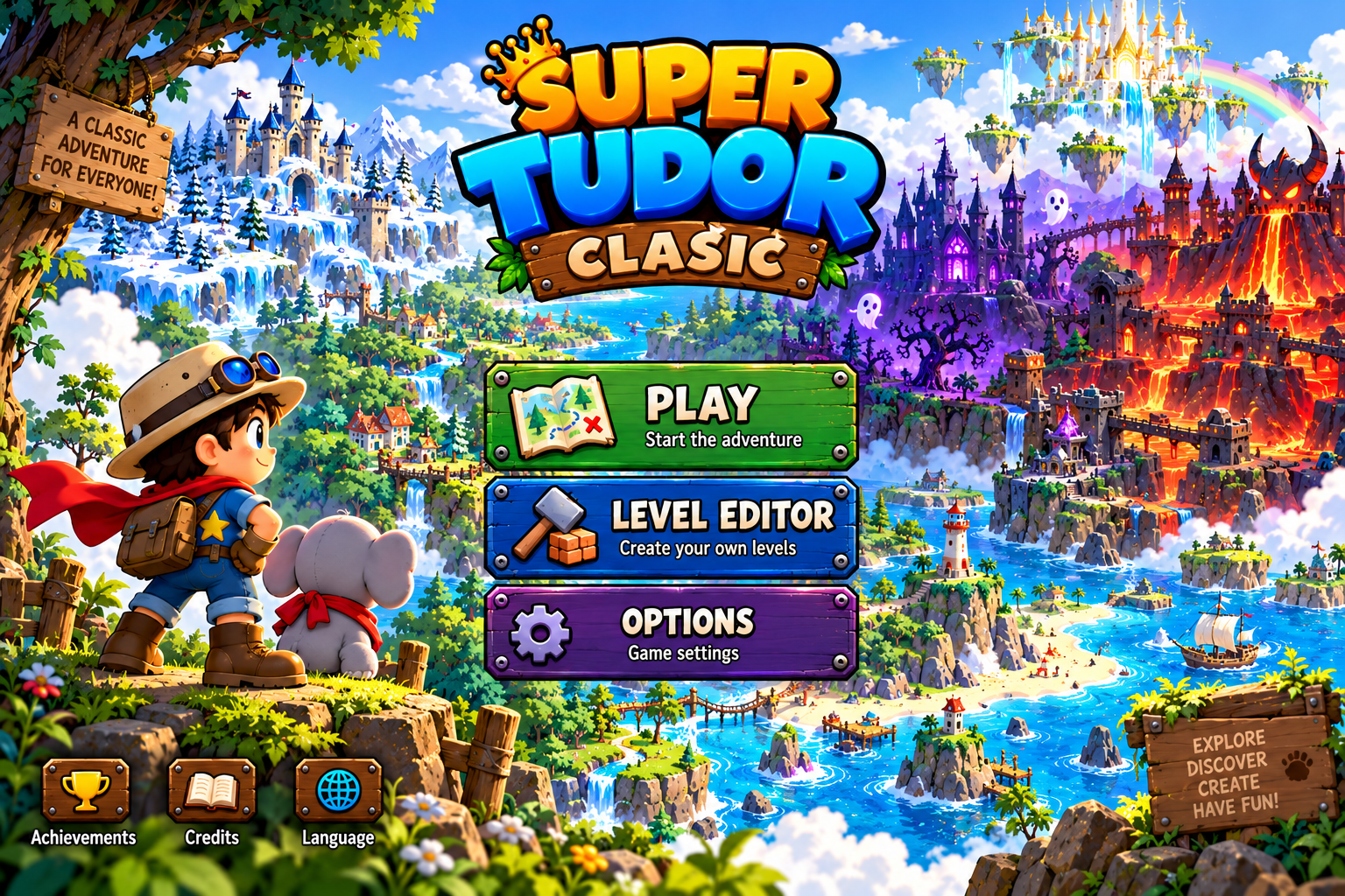 Super Tudor Classic: an explorer and elephant overlooking forests, snowy castles and a volcano